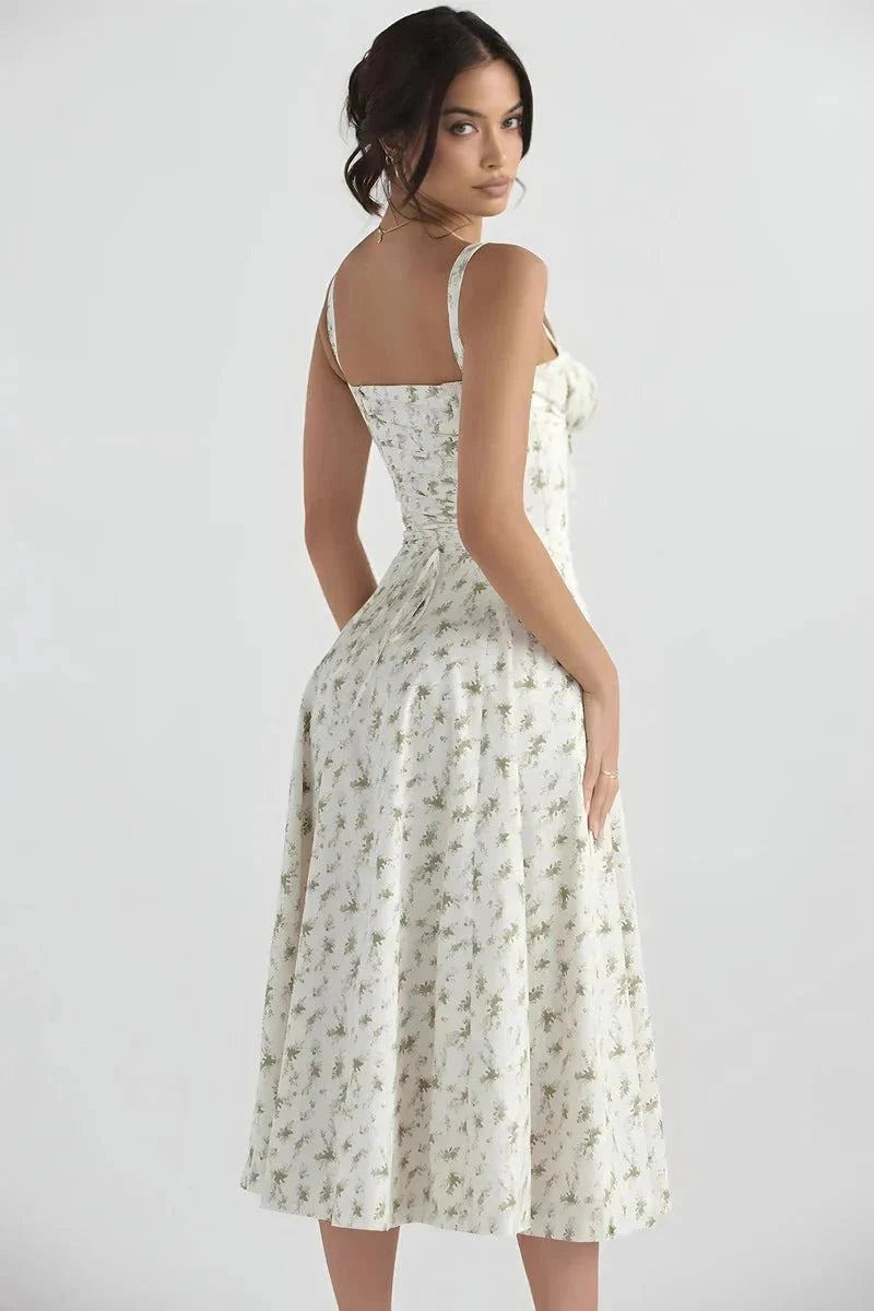Floral Bustier Maxi Dress Women Corset Ruched Slit