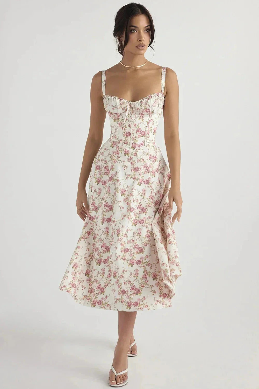 Floral Bustier Maxi Dress Women Corset Ruched Slit