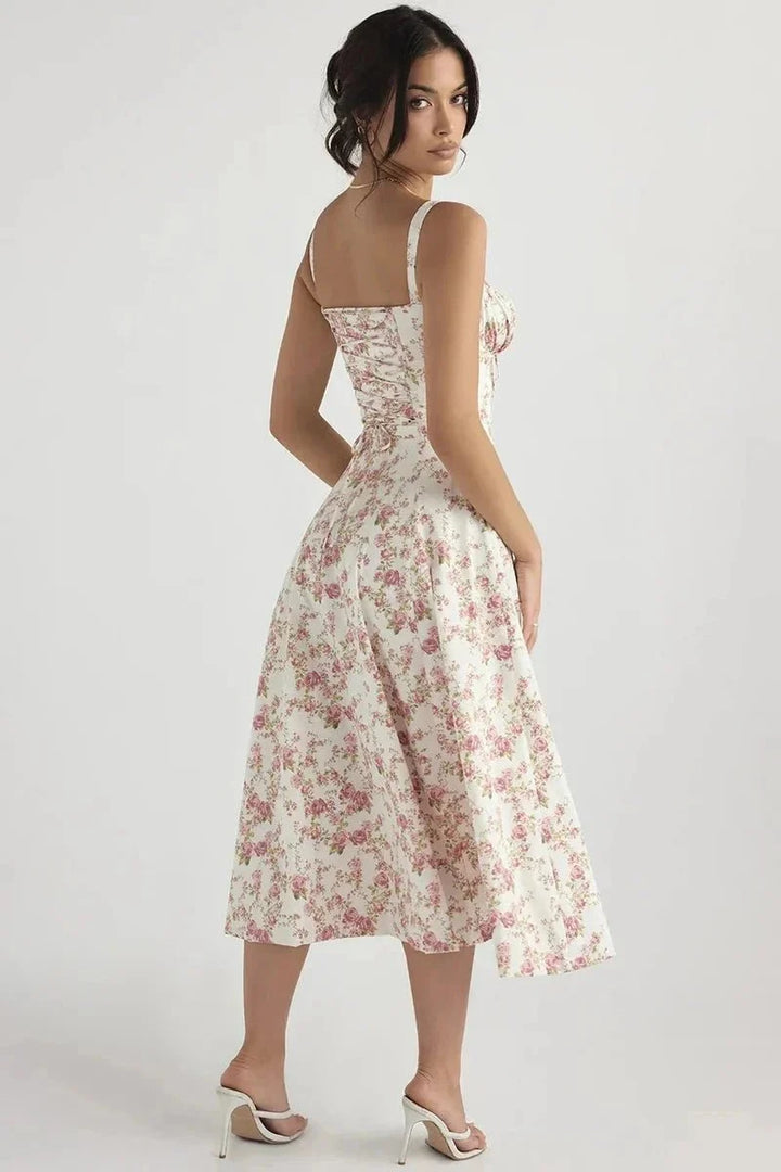 Floral Bustier Maxi Dress Women Corset Ruched Slit