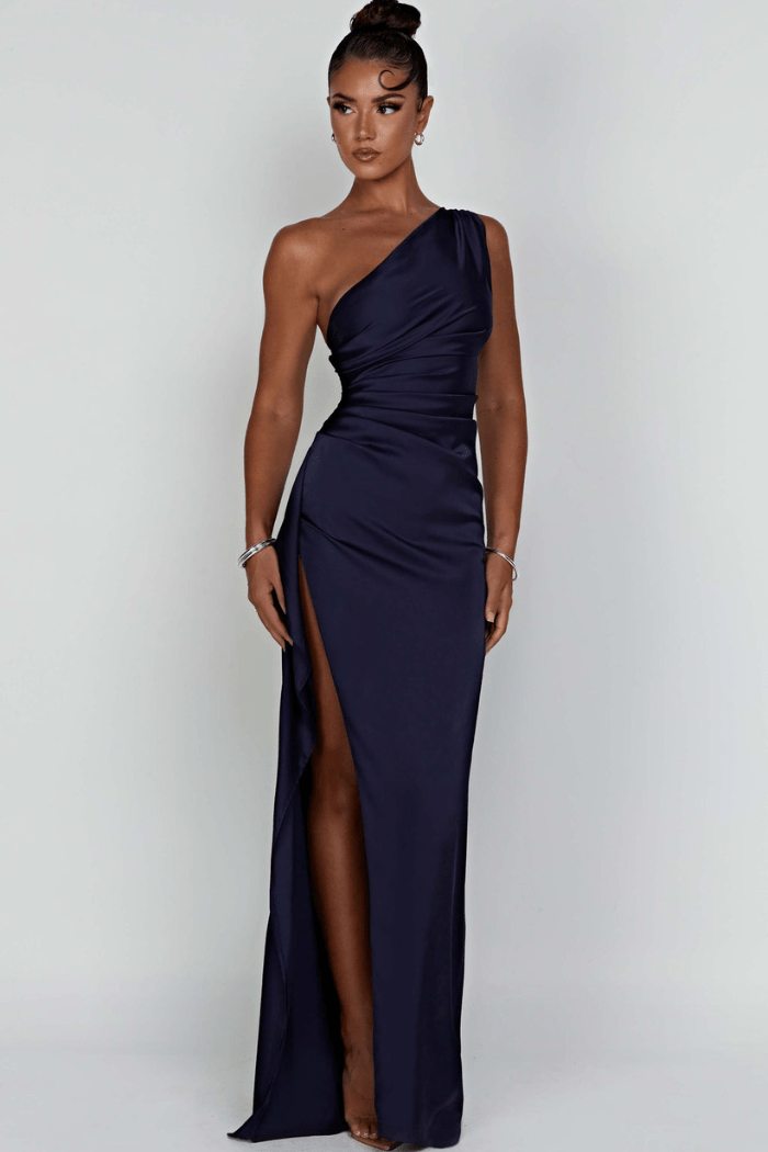 One Shoulder Satin Maxi Dress Thigh Split