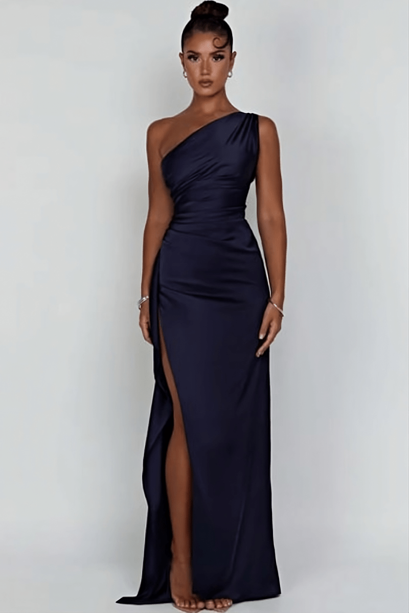 One Shoulder Satin Maxi Dress Thigh Split