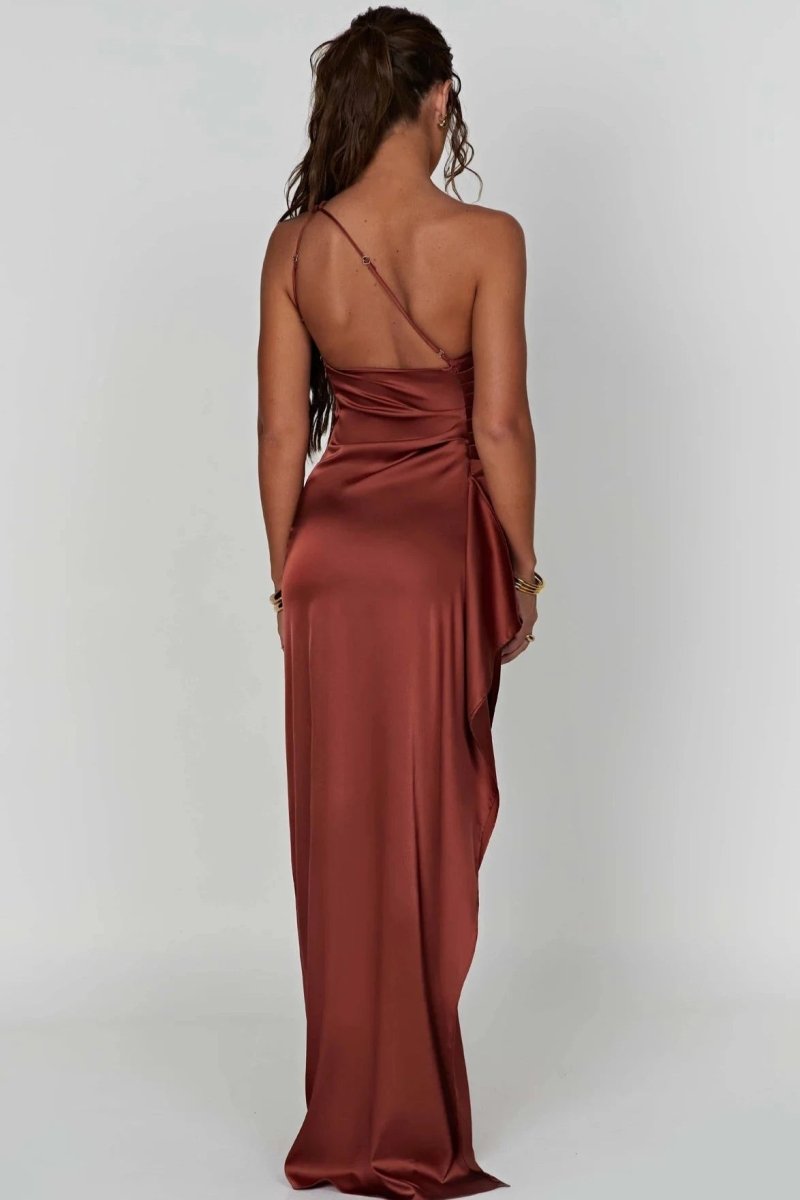 One Shoulder Satin Maxi Dress Thigh Split
