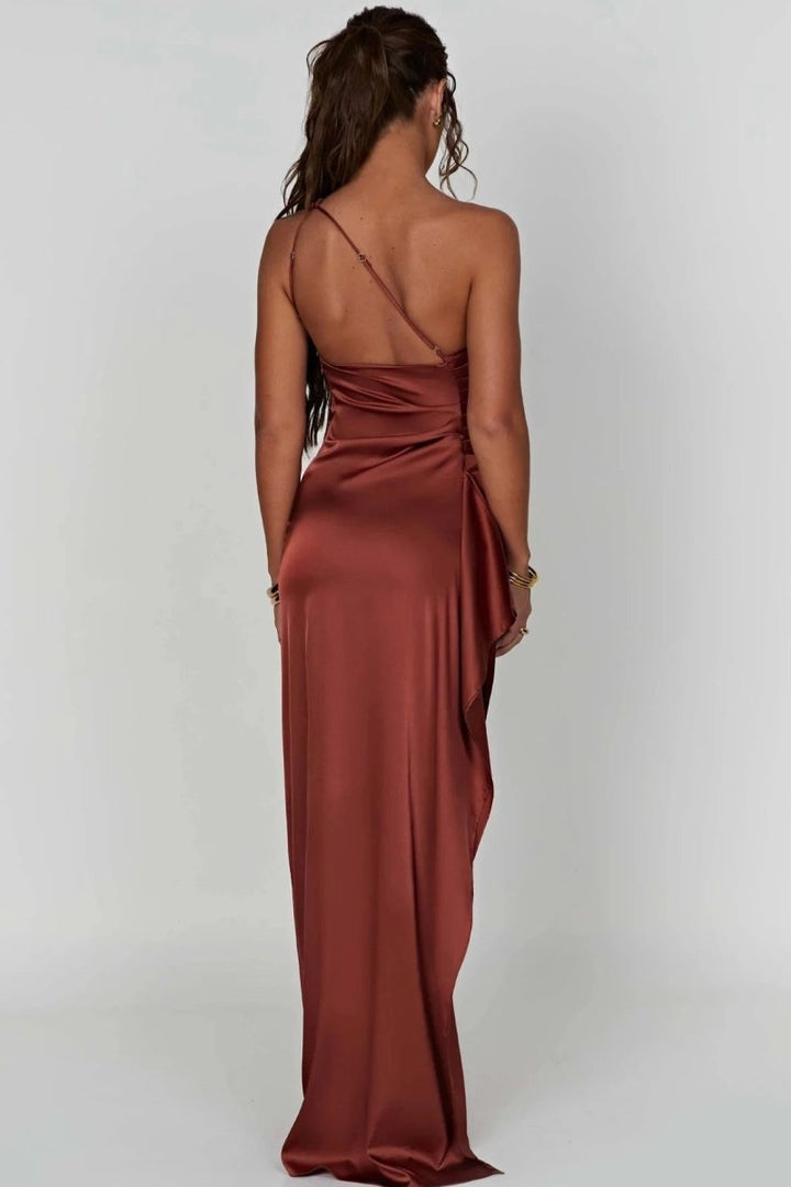 One Shoulder Satin Maxi Dress Thigh Split