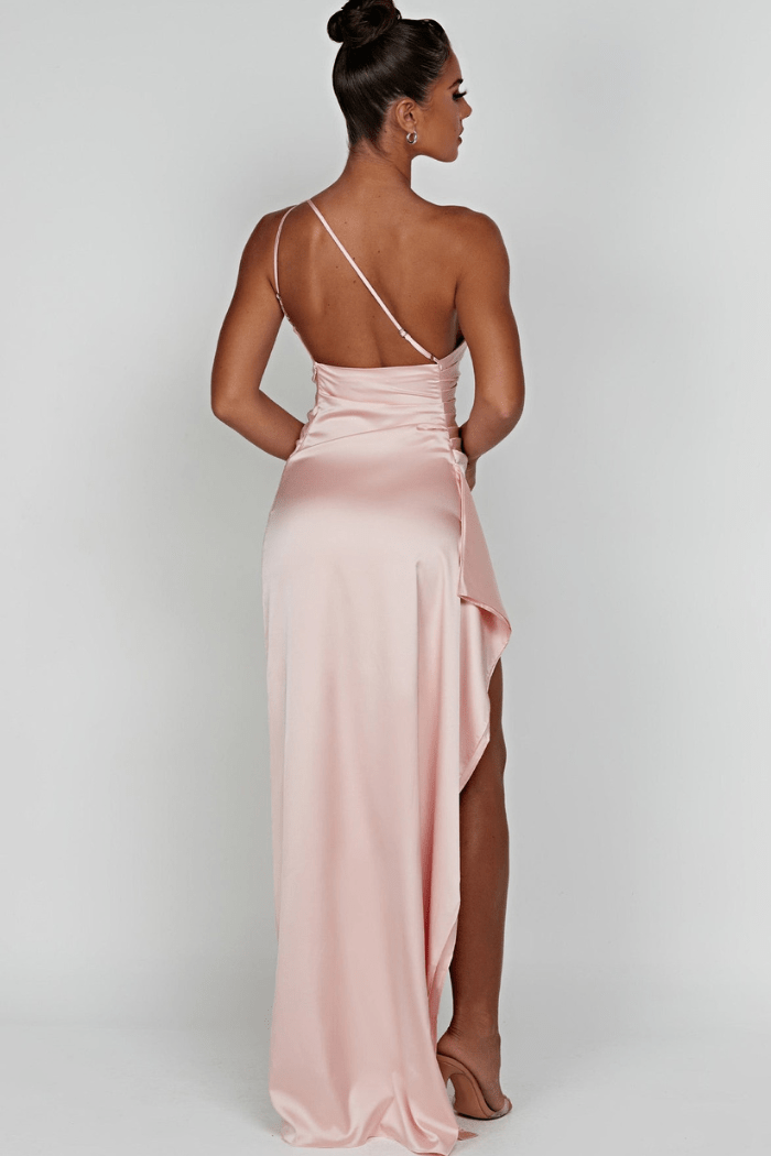 One Shoulder Satin Maxi Dress Thigh Split