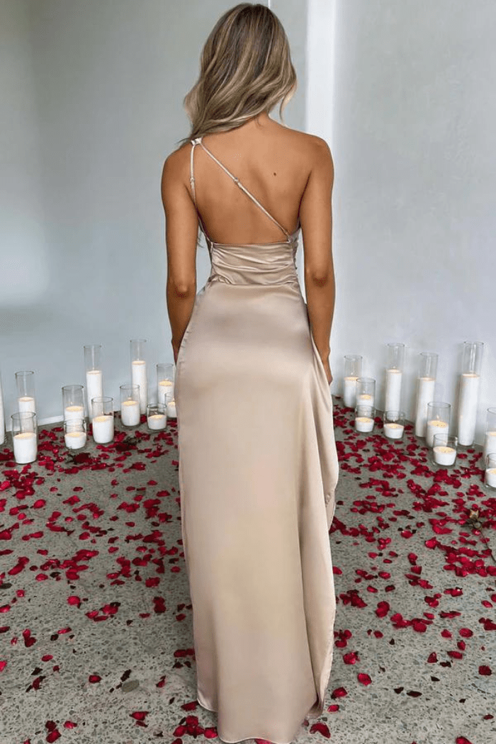 One Shoulder Satin Maxi Dress Thigh Split