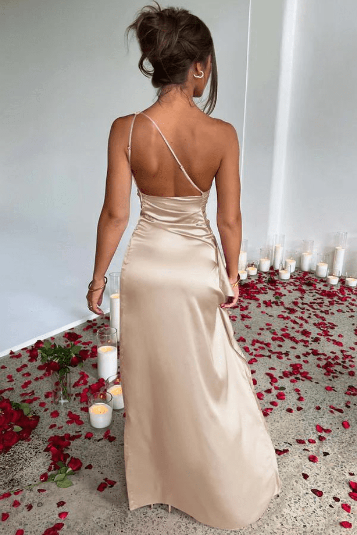 One Shoulder Satin Maxi Dress Thigh Split