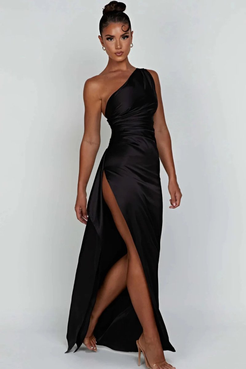 One Shoulder Satin Maxi Dress Thigh Split