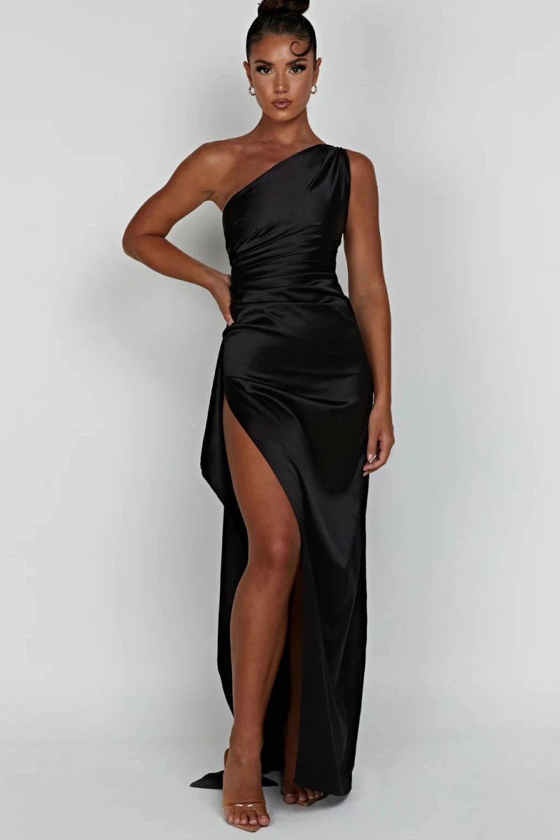One Shoulder Satin Maxi Dress Thigh Split
