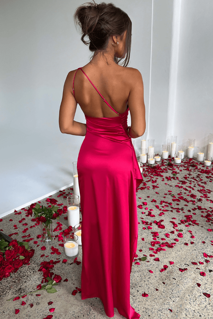 One Shoulder Satin Maxi Dress Thigh Split