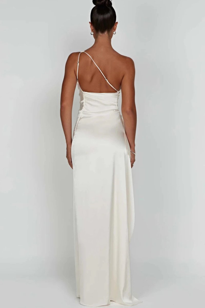 One Shoulder Satin Maxi Dress Thigh Split
