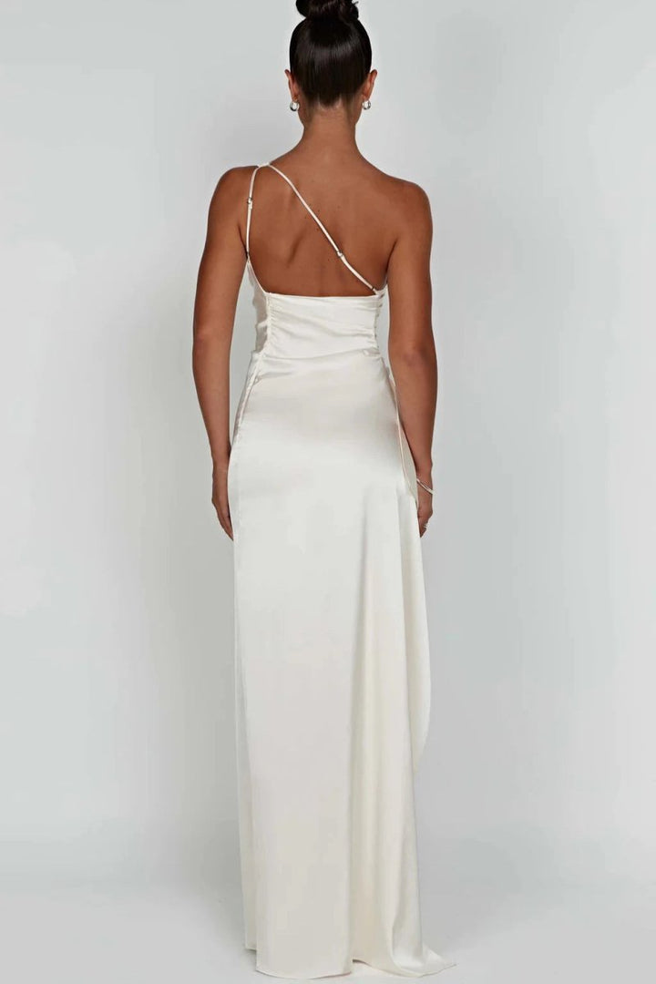 One Shoulder Satin Maxi Dress Thigh Split