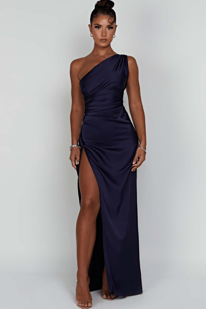 One Shoulder Satin Maxi Dress Thigh Split