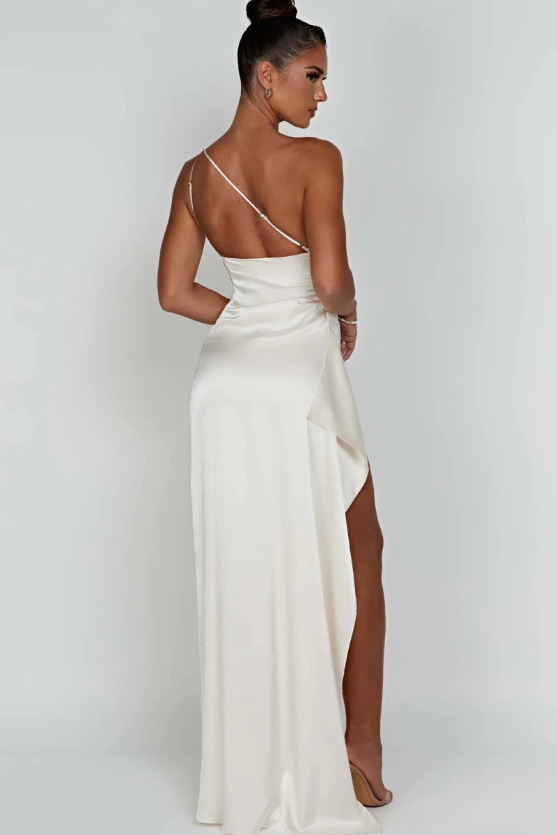 One Shoulder Satin Maxi Dress Thigh Split