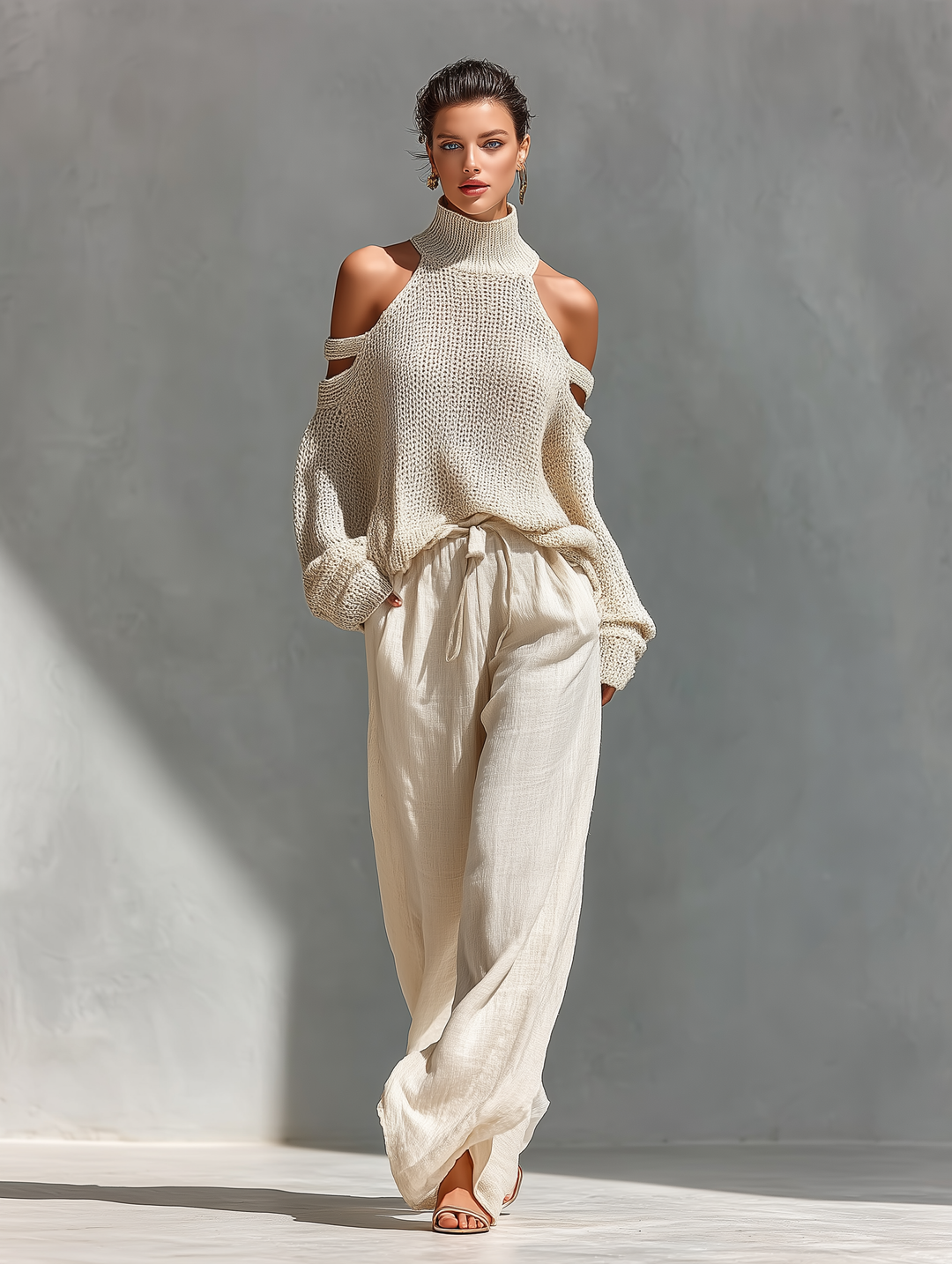 Knit Two-Piece Set Women Cold Shoulder Turtleneck Beige
