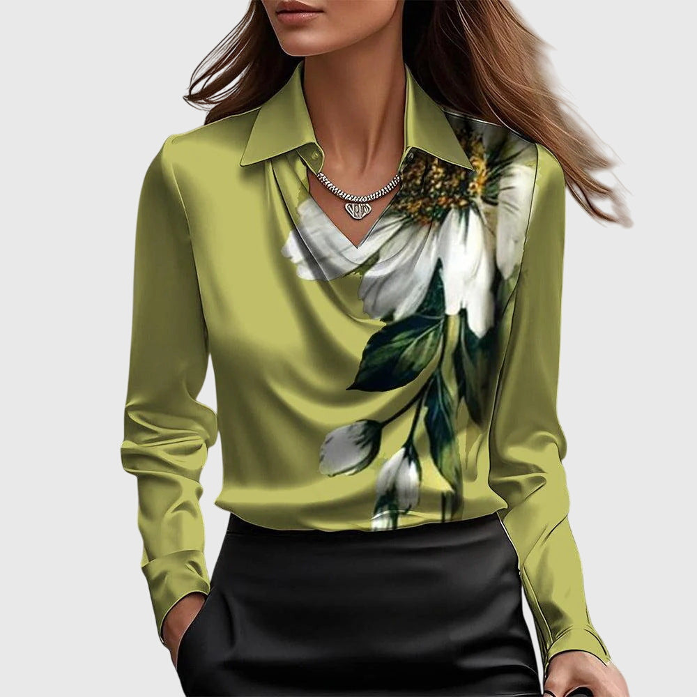 Satin Blouse Women Pleated Neck Flowing Elegant Chic