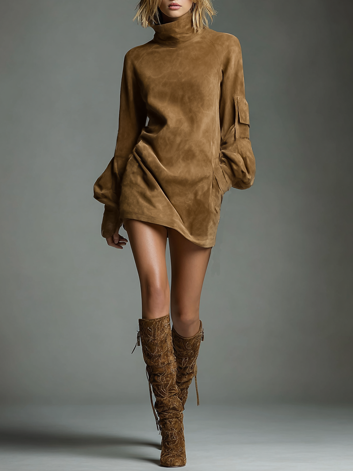 Suede Mini Dress Women Turtleneck Loose Vintage Winter
