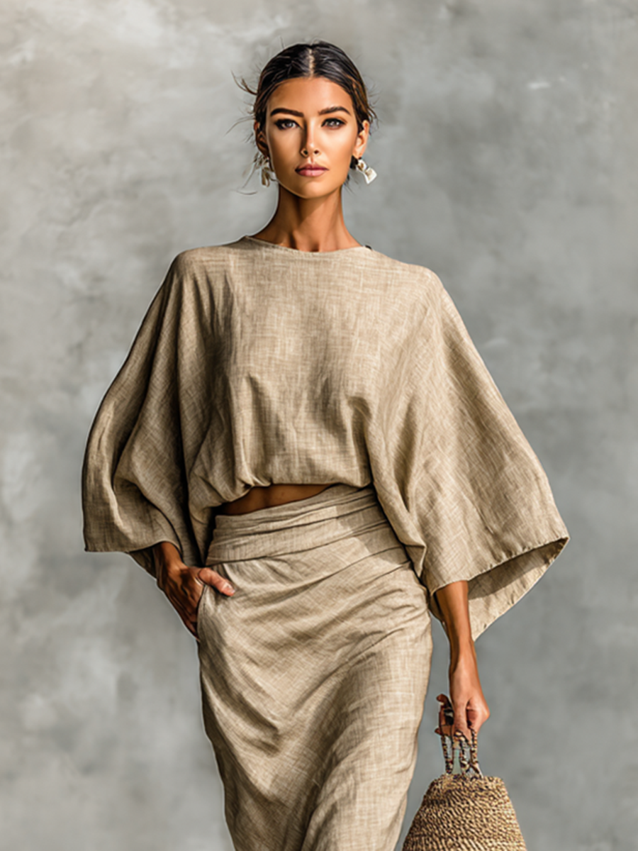 Linen Two-Piece Set Women Batwing Sleeve Maxi Skirt