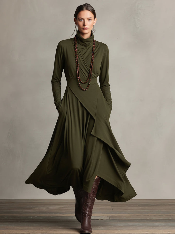 Boho Maxi Dress Women Turtleneck Asymmetric Draped Maxi Dress
