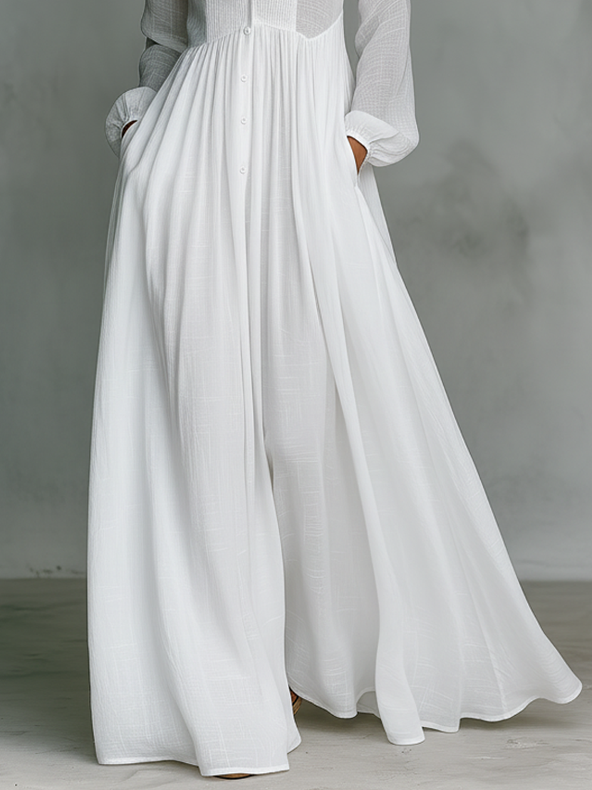 Linen Maxi Dress Women Stand Collar Patchwork Relaxed