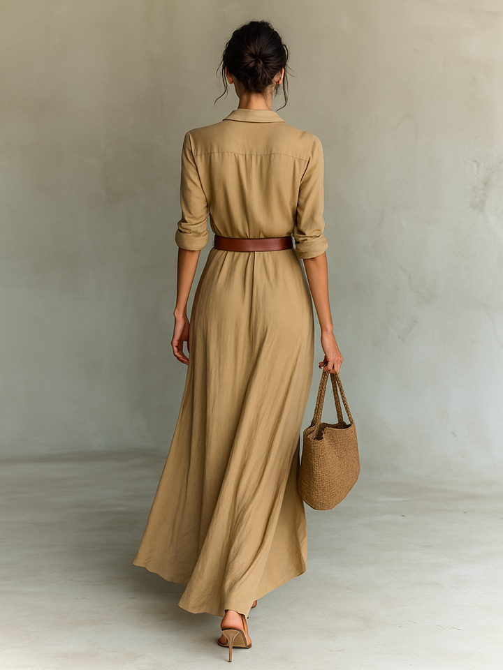 Maxi Dress Women Lapel Belted Long Sleeve Cotton Elegant