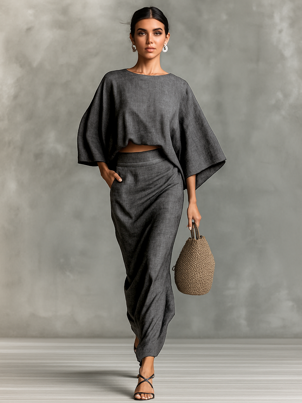 Linen Two-Piece Set Women Batwing Sleeve Maxi Skirt