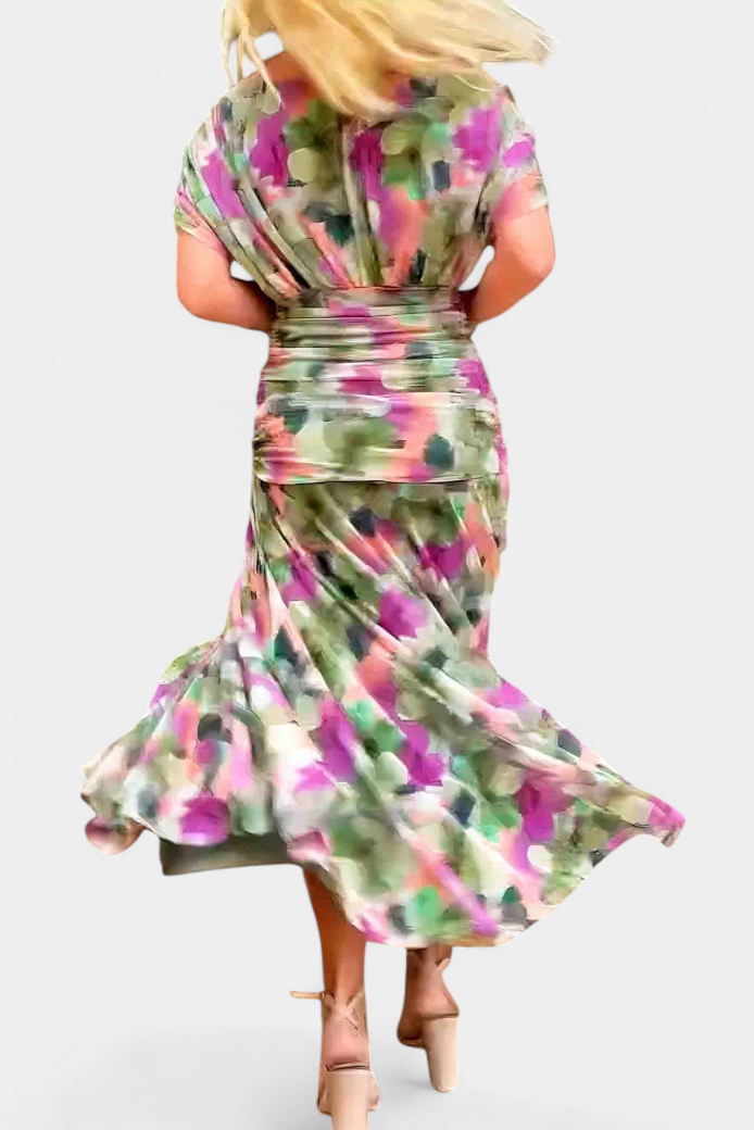 Floral Maxi Dress Women V-Neck Pleated Waist Elegant