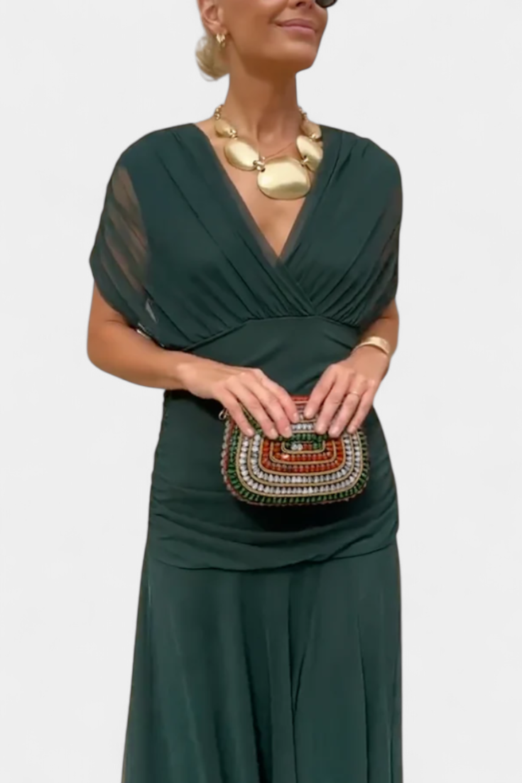Floral Maxi Dress Women V-Neck Pleated Waist Elegant
