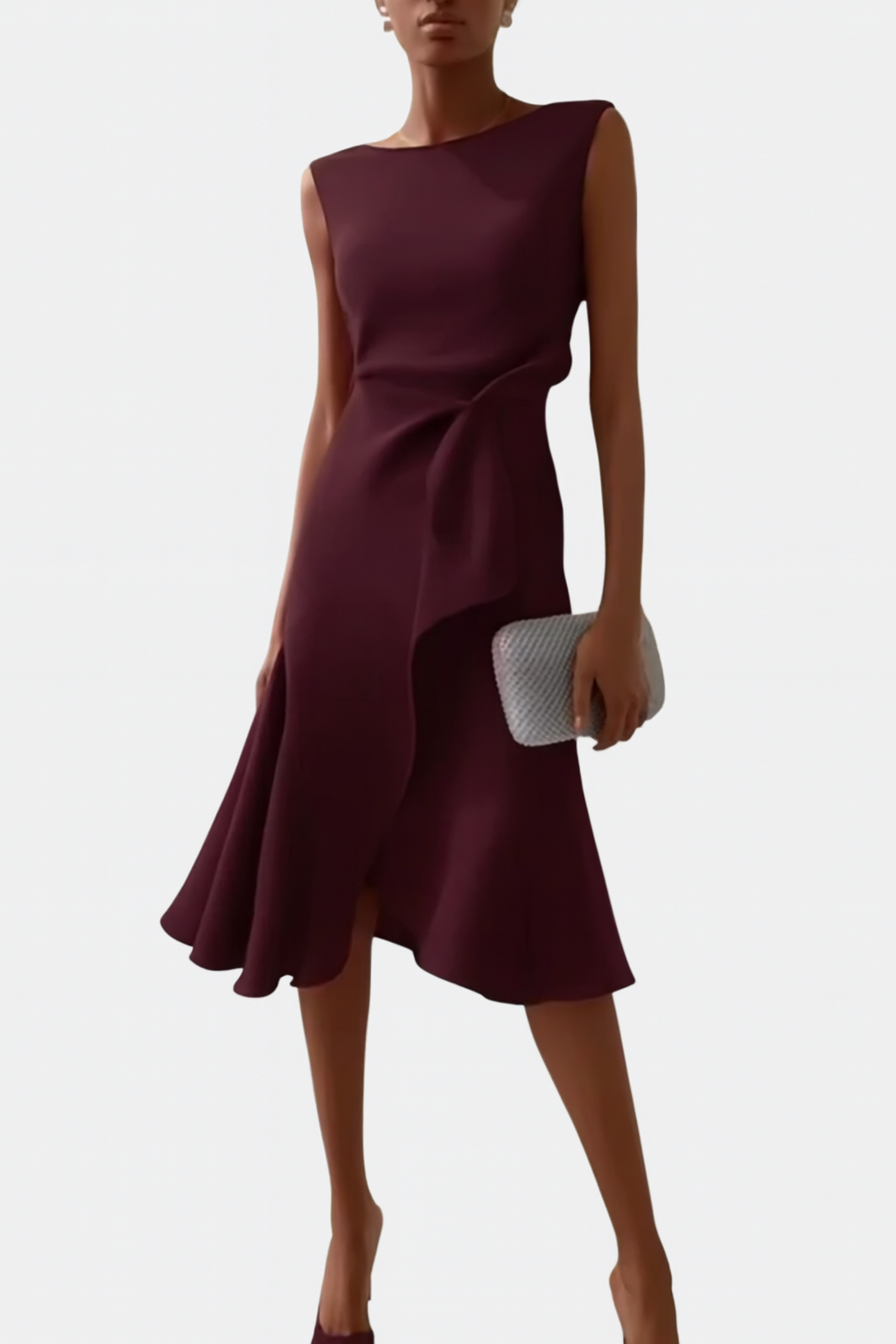 A-Line Midi Dress Women Boat Neck Ruffle Asymmetric Sleeveless