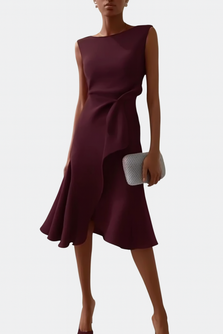 A-Line Midi Dress Women Boat Neck Ruffle Asymmetric Sleeveless