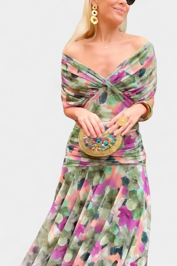 Floral Maxi Dress Women V-Neck Pleated Waist Elegant