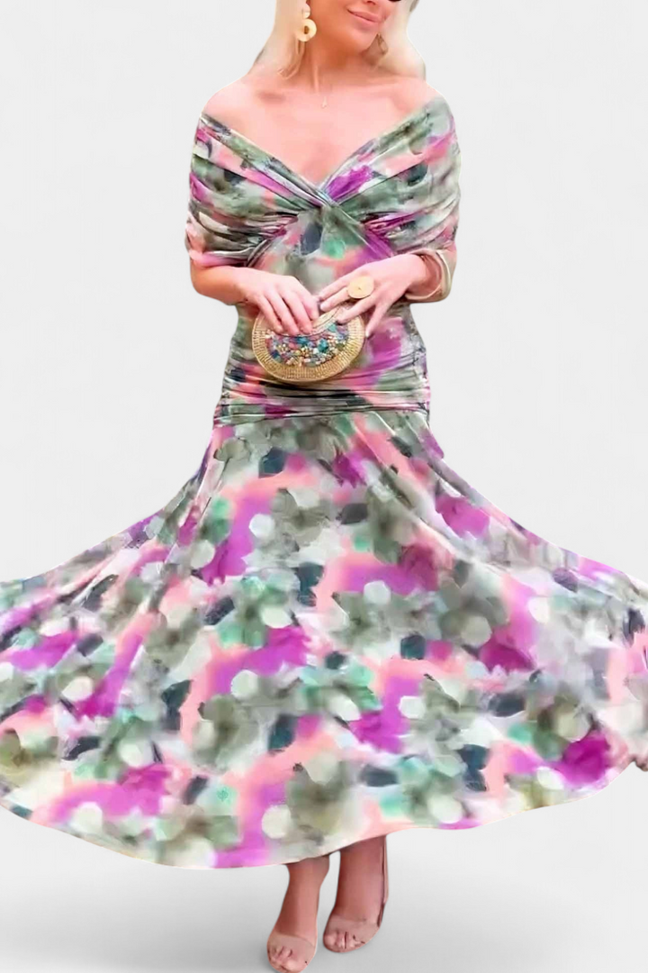 Floral Maxi Dress Women V-Neck Pleated Waist Elegant