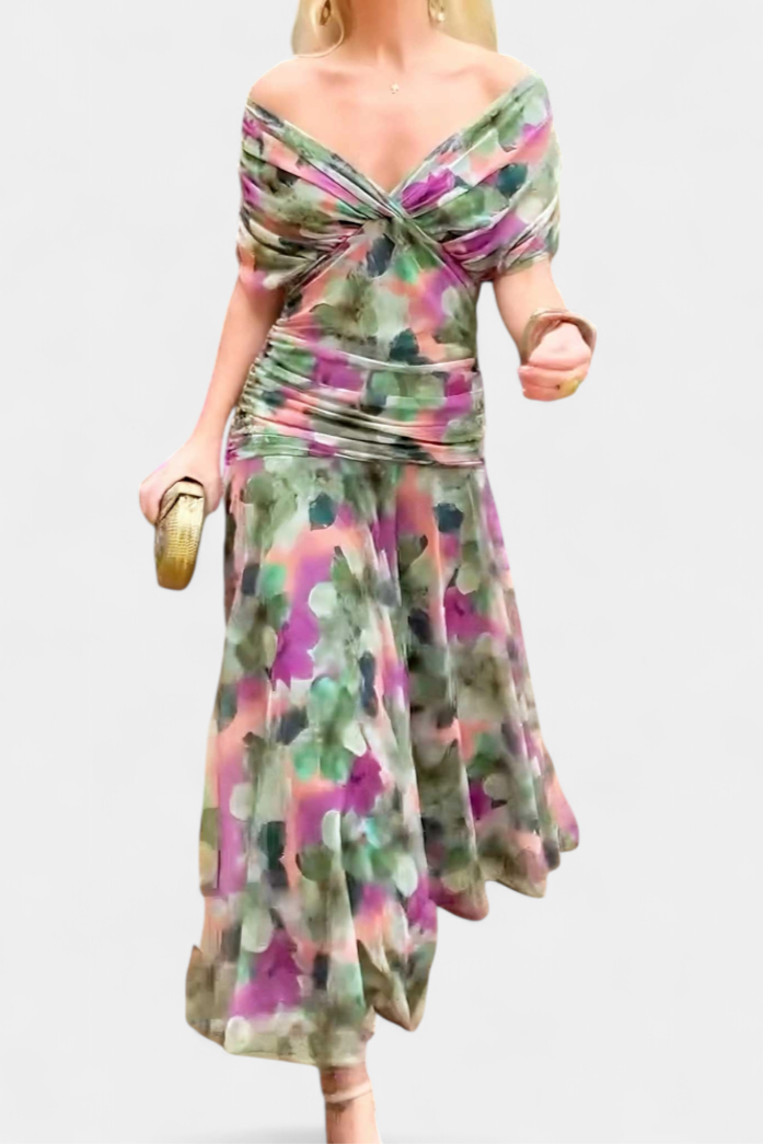 Floral Maxi Dress Women V-Neck Pleated Waist Elegant