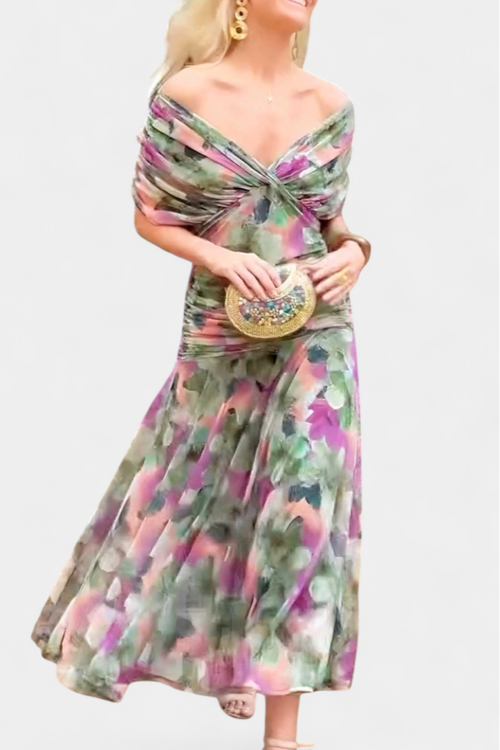 Floral Maxi Dress Women V-Neck Pleated Waist Elegant