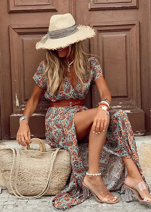 Boho Maxi Dress Women Gathered Waist Belted Flowy Breathable Summer