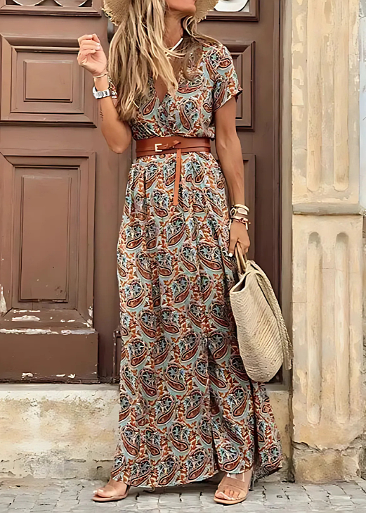 Boho Maxi Dress Women Gathered Waist Belted Flowy Breathable Summer