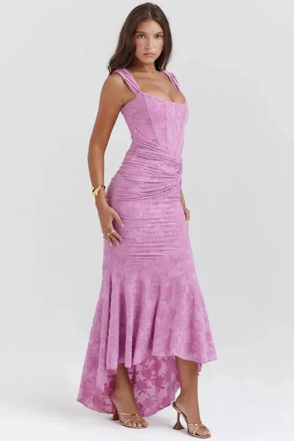 Floral Jacquard Corset Mermaid Gown Hi-Low