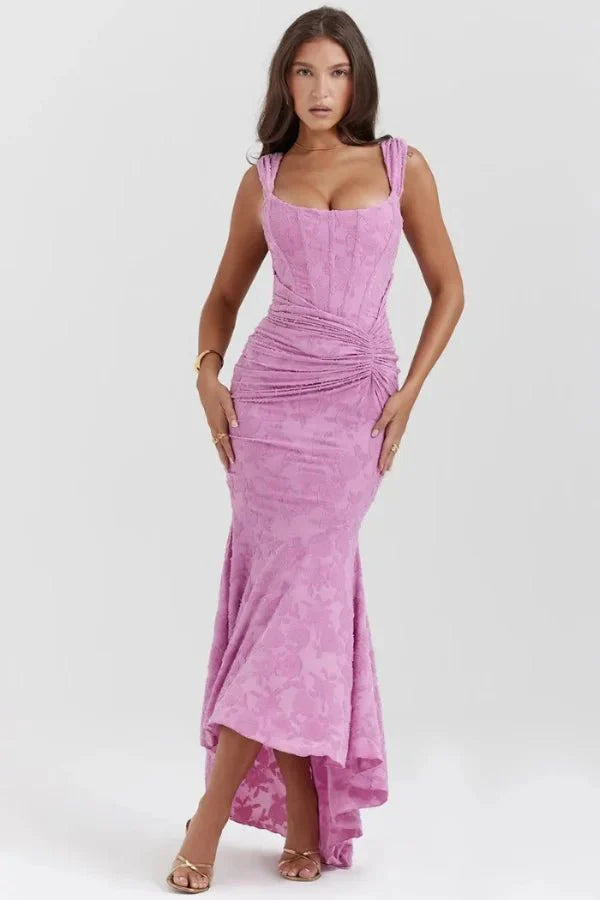 Floral Jacquard Corset Mermaid Gown Hi-Low