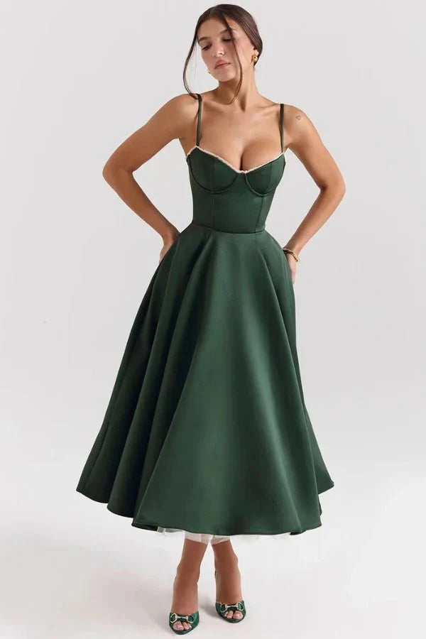 Satin Corset Tulle Skirt Midi Dress Women