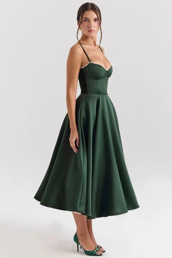 Satin Corset Tulle Skirt Midi Dress Women