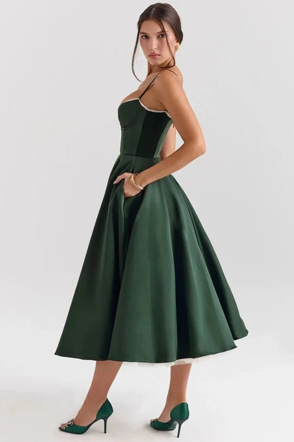 Satin Corset Tulle Skirt Midi Dress Women