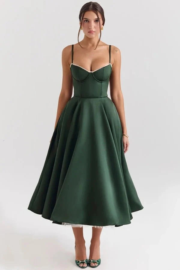 Satin Corset Tulle Skirt Midi Dress Women