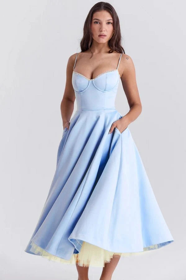 Satin Corset Tulle Skirt Midi Dress Women