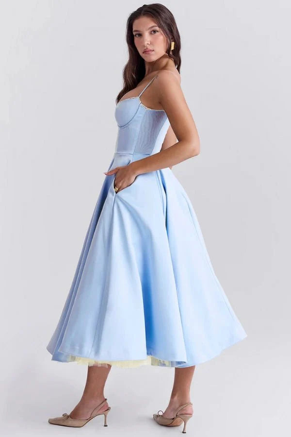 Satin Corset Tulle Skirt Midi Dress Women