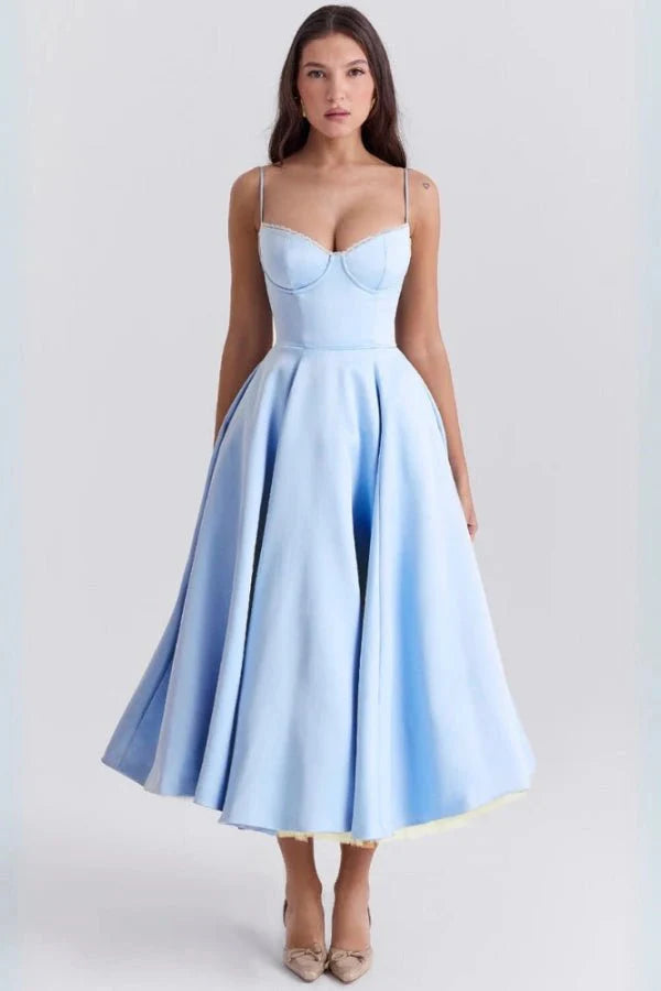 Satin Corset Tulle Skirt Midi Dress Women