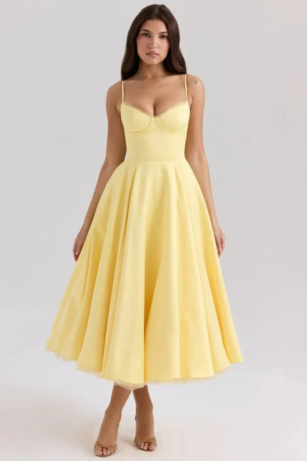 Satin Corset Tulle Skirt Midi Dress Women
