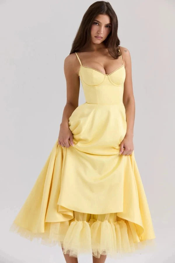 Satin Corset Tulle Skirt Midi Dress Women