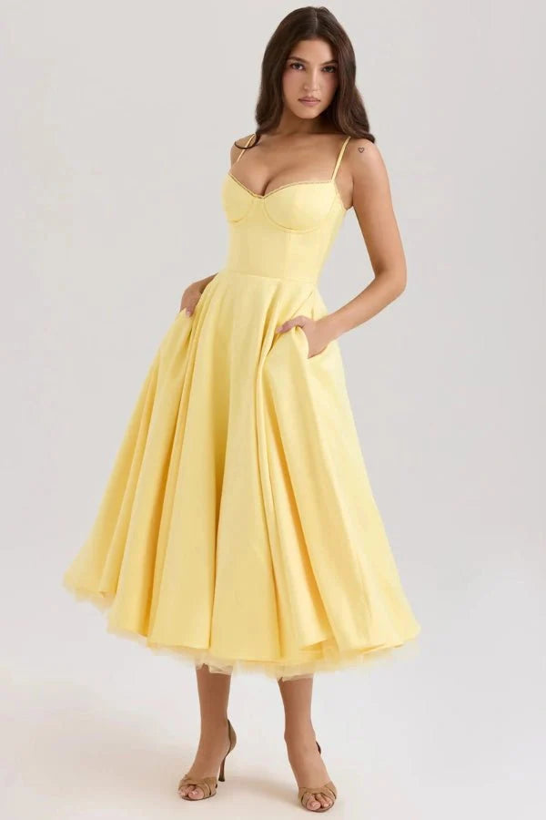 Satin Corset Tulle Skirt Midi Dress Women