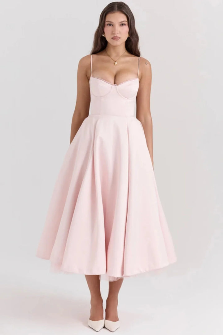 Satin Corset Tulle Skirt Midi Dress Women