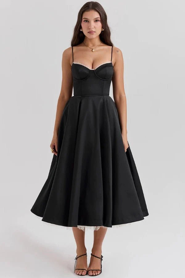 Satin Corset Tulle Skirt Midi Dress Women