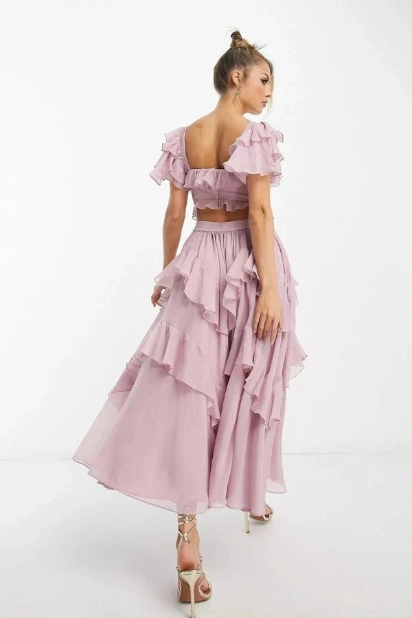 Chiffon Tiered Co-ord Set Corset Off Shoulder
